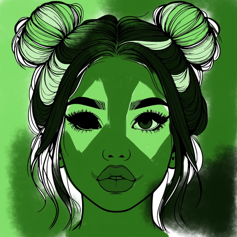 realistic girl with two buns on her hair and lips