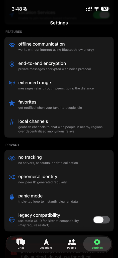 Gap Mesh - Gap Mesh app settings screen showing offline communication features and privacy controls like panic mode and encryption