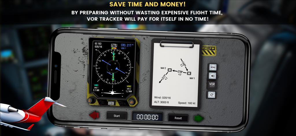 VOR Tracker - IFR Nav Trainer - A smartphone displaying the VOR Tracker app with flight instruments and a navigation diagram