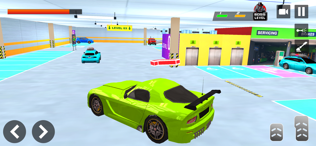 Prado Car Parking: Car Driving - Un coche deportivo verde lima navegando por un garaje de estacionamiento interior en un juego de simulación de conducción de automóviles