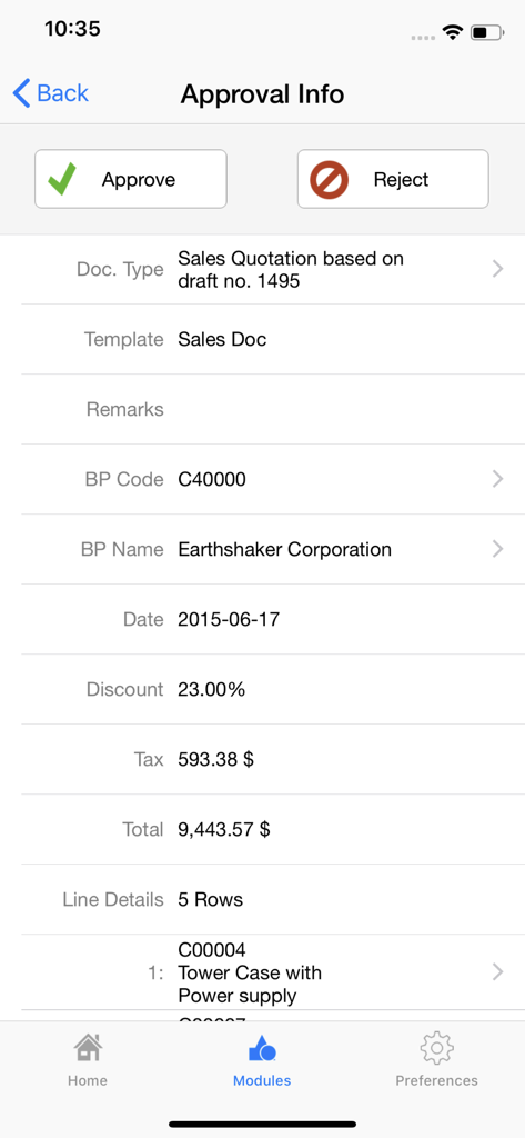 SAP Business Oneモバイルアプリに、承認または拒否のオプションがある販売見積承認インターフェイスが表示されます。
