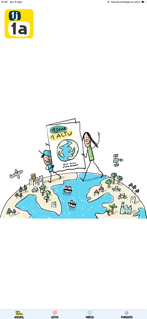 1jour1actu - Two children holding a news poster on a globe illustration in the 1jour1actu app