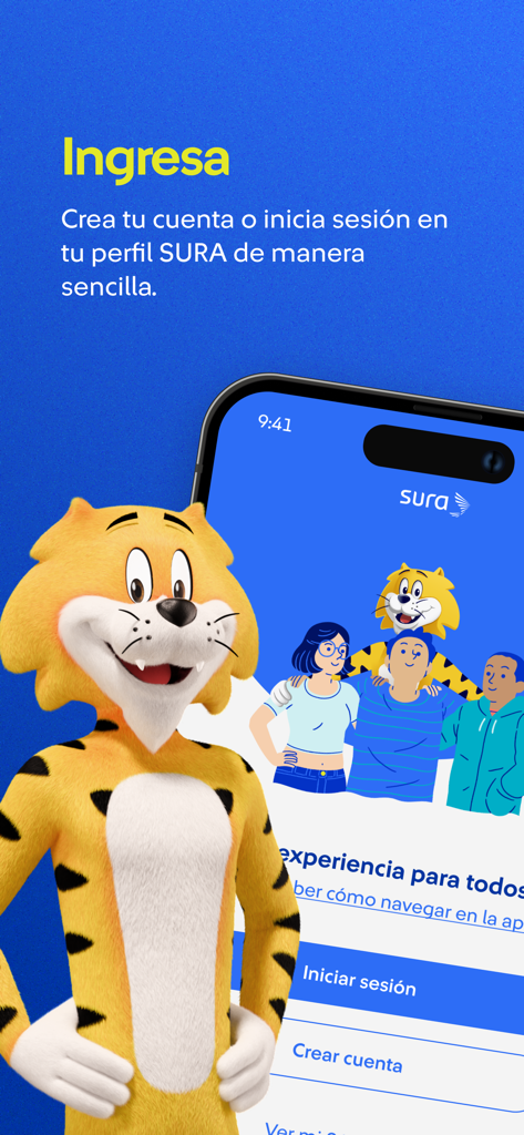 Seguros SURA - Tela de login e registro do aplicativo Seguros SURA com um simpático mascote tigre