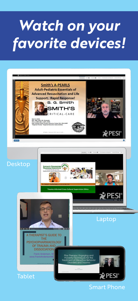 PESI - 전문 지속적인 교육 강좌를 보여주는 데스크톱 노트북 태블릿 및 스마트폰에 표시되는 PESI 앱 인터페이스