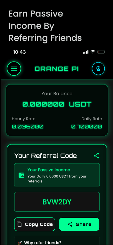 Una captura de pantalla de la aplicación de Minería de USDT que muestra la pantalla del programa de referidos con un código de referido único y opciones para copiar o compartir para ganar ingresos pasivos.