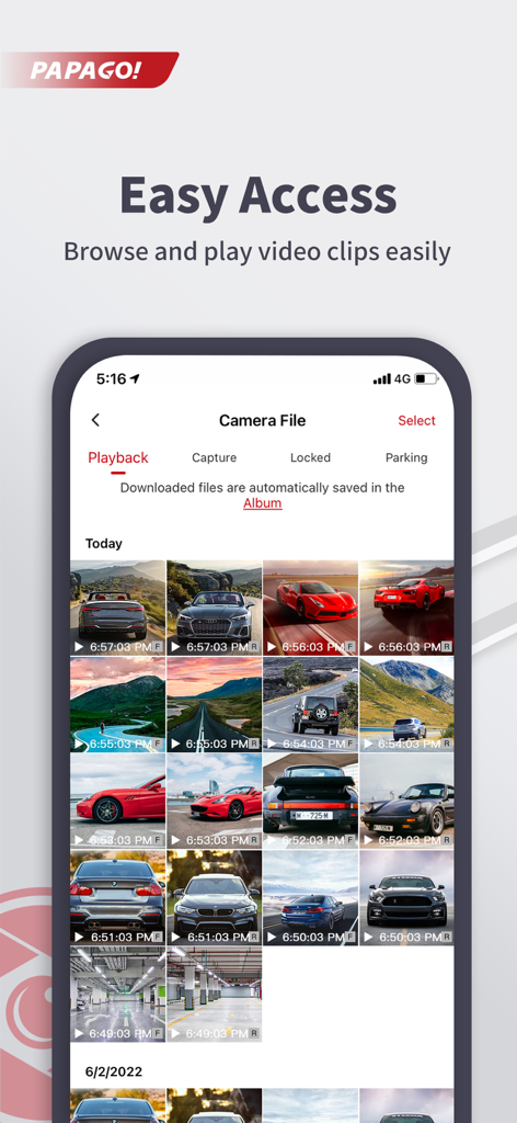 A smartphone interface showing a grid of dash cam video recordings within the PAPAGO Focus app