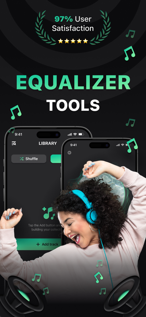 Music Equalizer: Bass Booster! - Una mujer con auriculares bailando con la interfaz de la aplicación Ecualizador de Música mostrando herramientas de ecualización y alta satisfacción del usuario