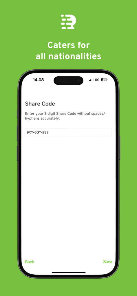 Écran de smartphone affichant le champ de saisie du code de partage de l'application My Rightcheck pour les vérifications du droit de travailler au Royaume-Uni