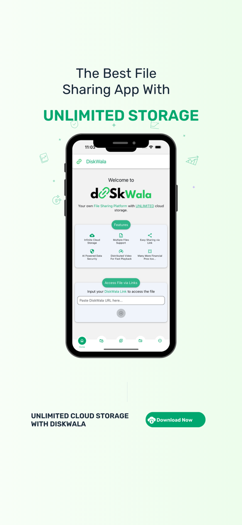 Diskwala - Diskwala app interface displaying unlimited cloud storage and secure file sharing features