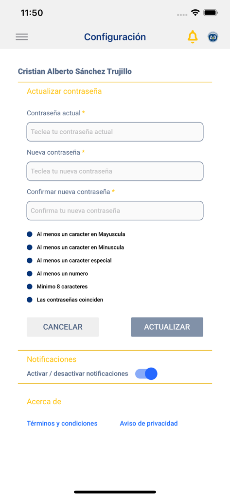 AYD - Pantalla de configuración de la aplicación móvil AYD que muestra los campos de actualización de contraseña y la configuración de notificaciones