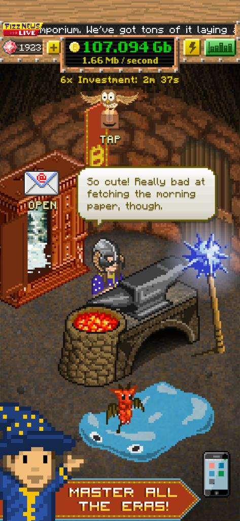 Le gameplay de Bitcoin Billionaire montrant une ère médiévale en pixel art avec un sorcier et un dragon comme animal de compagnie.