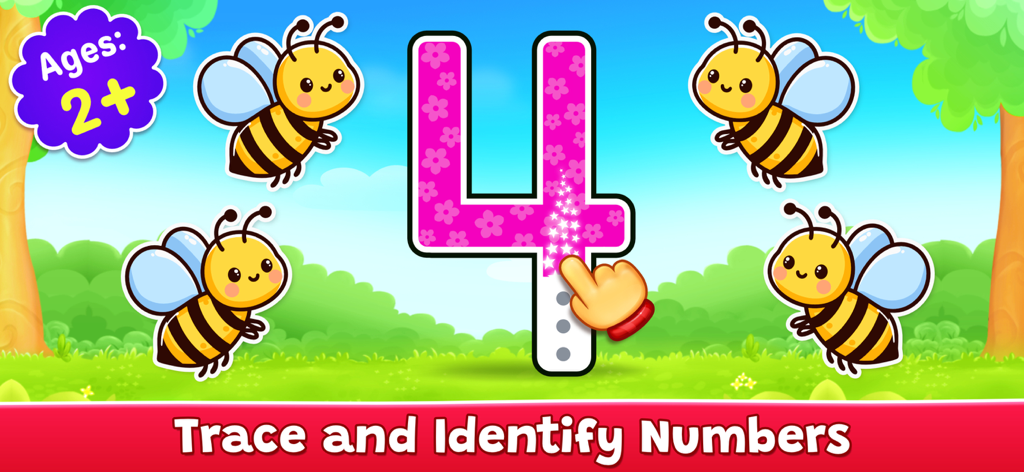 A preschool educational game screen showing how to trace the number four with cartoon bees