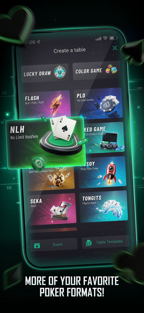 PPPoker-USA-Holdem,Omaha - PPPoker USA 앱 인터페이스, NLH 및 PLO를 포함한 다양한 포커 게임 형식을 표시합니다.