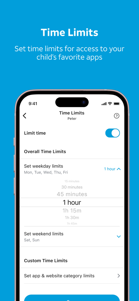 AT&T Secure Family® parent app - Interface of the AT&T Secure Family app showing daily screen time limit settings for a child