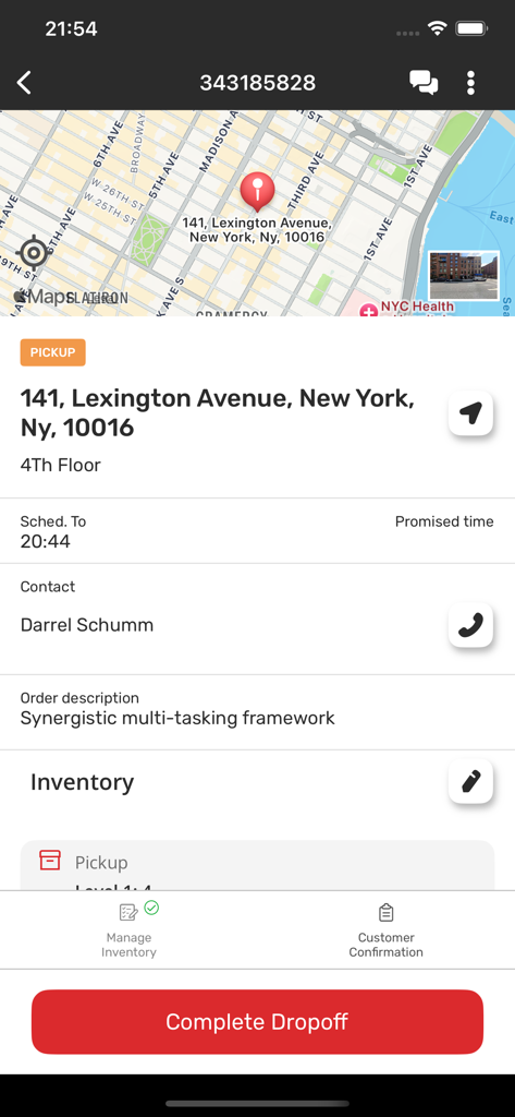 Interface of Bringg Driver App displaying order details, pickup location map in New York, and complete dropoff button