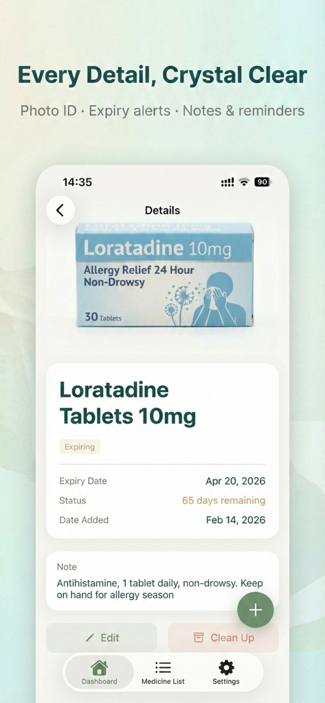 MedBay: Smart Medicine Cabinet - Tela do aplicativo MedBay mostrando informações detalhadas do medicamento, incluindo reconhecimento por foto e rastreamento de data de validade