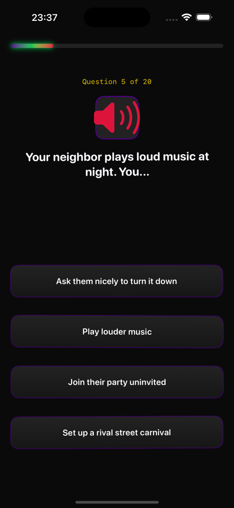 Clown Path - A personality quiz question in the Clown Path app with dark neon styling