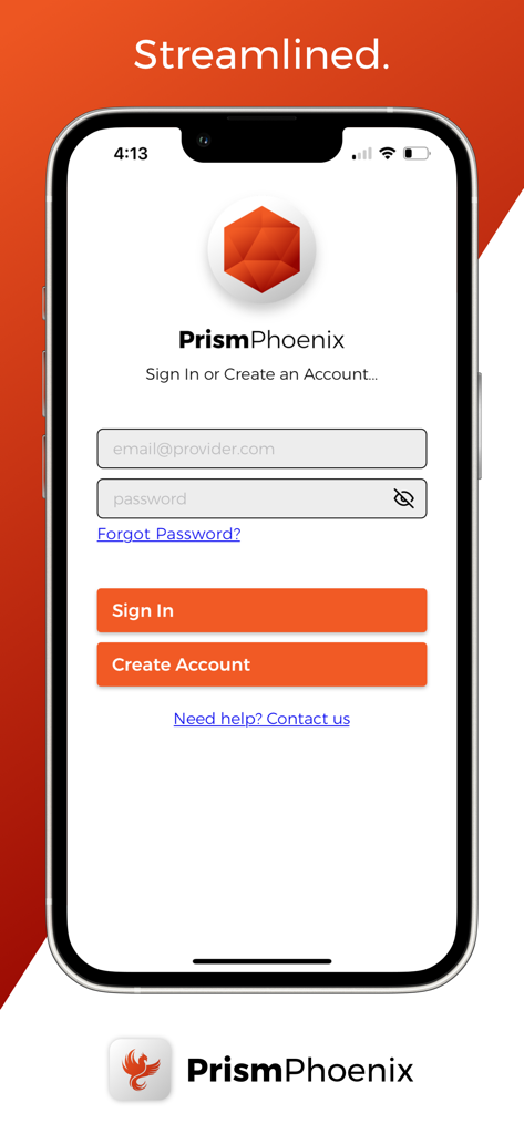 PrismScroll Phoenix - Pantalla de inicio de sesión y creación de cuenta para la aplicación de gestión de personajes TTRPG PrismScroll Phoenix