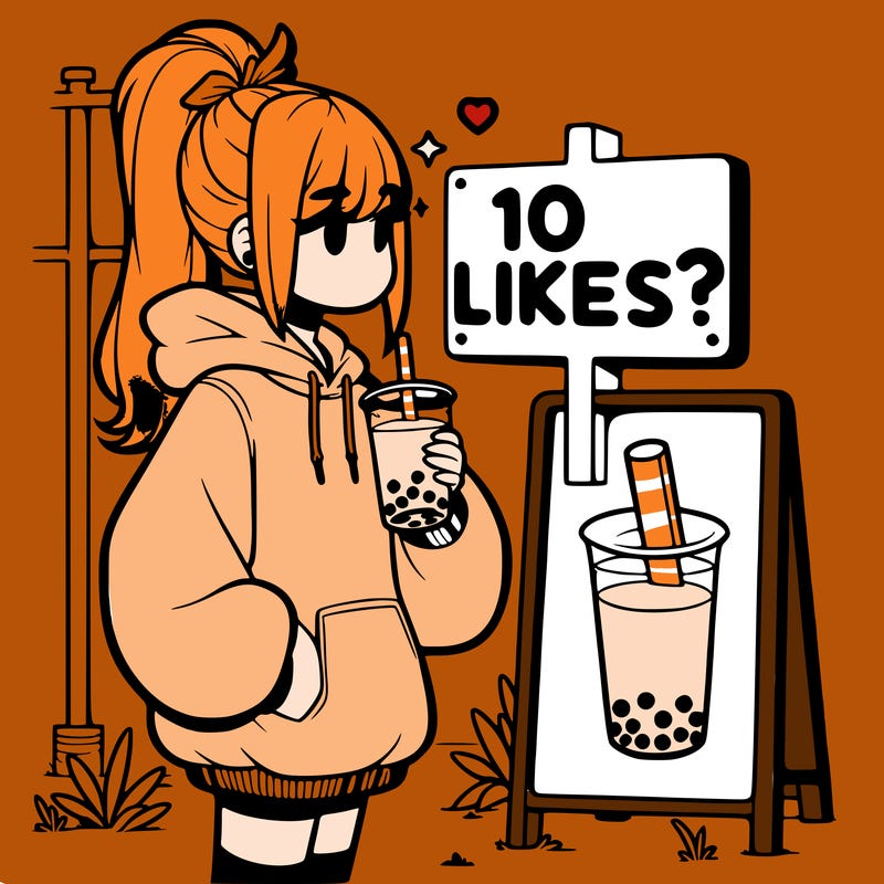 girl with oversized hoodie drinking boba and she has a high ponytail with a sign that says 10likes?