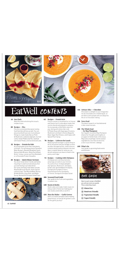Table of contents from the Eat Well magazine showing various healthy recipe categories and food photos.