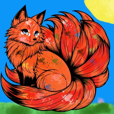 realistic detailed 9 tailed anime fox