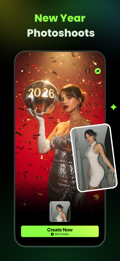 AI Catch: AI Video Generator - AI Catch app interface showing a New Year photoshoot feature that transforms a portrait into a festive scene with a 2026 disco ball.