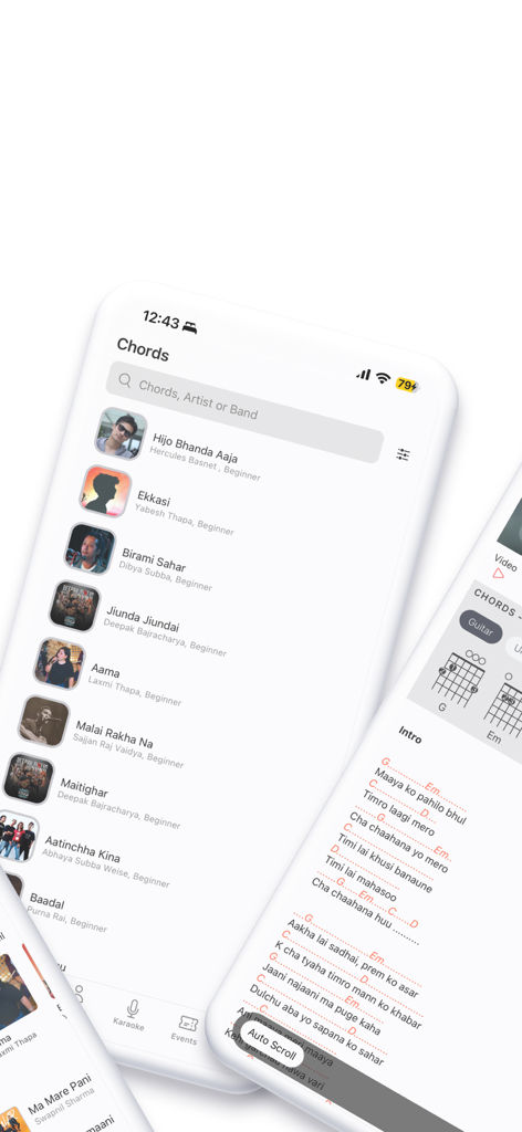 ChordPedia: Guitar Chords - ChordPedia mobile app interface showing a list of Nepali songs and a lyrics screen with guitar chord diagrams and auto-scroll feature