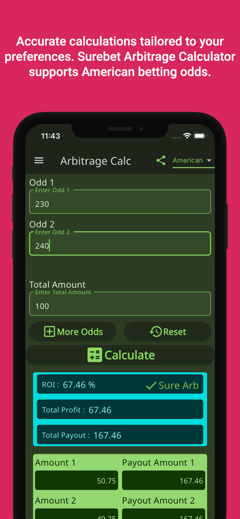 Surebet Arbitrage Calculator mobile app interface displaying ROI and profit calculations for American betting odds