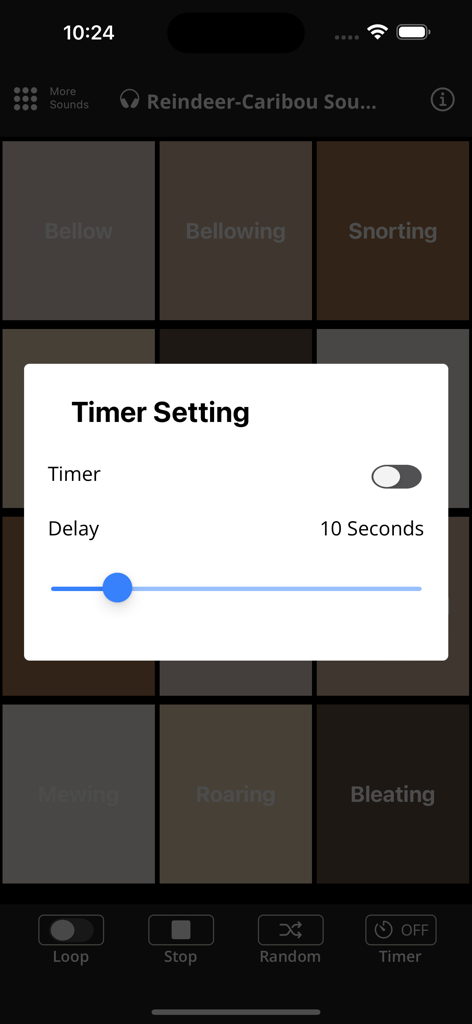 Reindeer-Caribou Sound & Calls - Interface of the Reindeer-Caribou Sound and Calls app showing the timer settings pop up with a delay slider