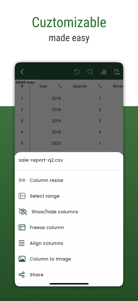 A mobile app screen showing customization options for a CSV file like column resizing, freezing columns, and converting columns to images.