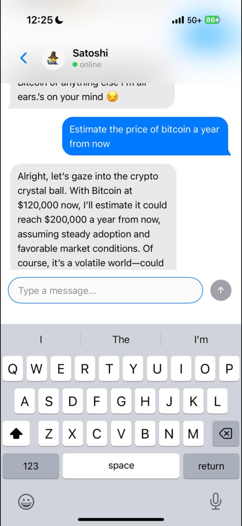 FreedomGPT - Conversación de chat de IA sobre predicción de bitcoin en la aplicación FreedomGPT