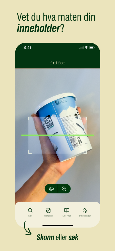 A person using the Frifor app to scan a food product barcode at a grocery store