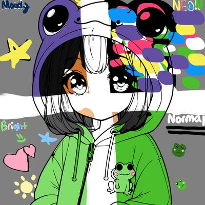 cute realistic girl in a froggy hoodie