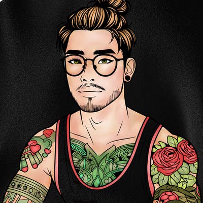 young attractive asian man with a man-bun, glasses, and tattoo's