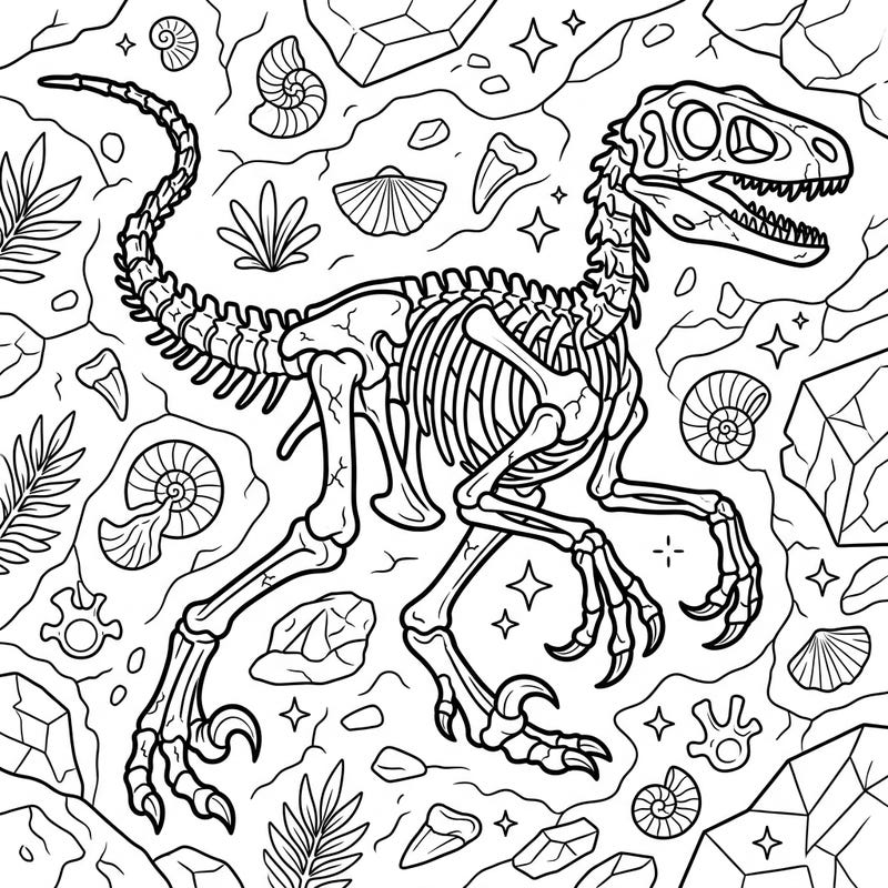 Journey back to the age of dinosaurs with this captivating Velociraptor skeleton coloring page. Bring to life the fossilized remains of this swift predator surrounded by ancient treasures.