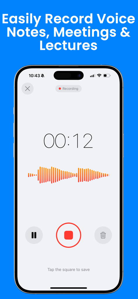 Smart Noter AI: Voice Notes - Smart Noter AI app interface showing a live voice recording session with an audio waveform and timer.