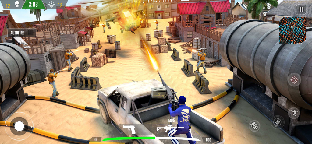 FPS Battle Royale: Gun Games - Action scene showing a player shooting from a pickup truck in a desert combat environment with an exploding helicopter