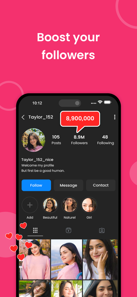 TopFollow - Tags - TopFollow app interface showing a social media profile with millions of followers and a boost your followers headline