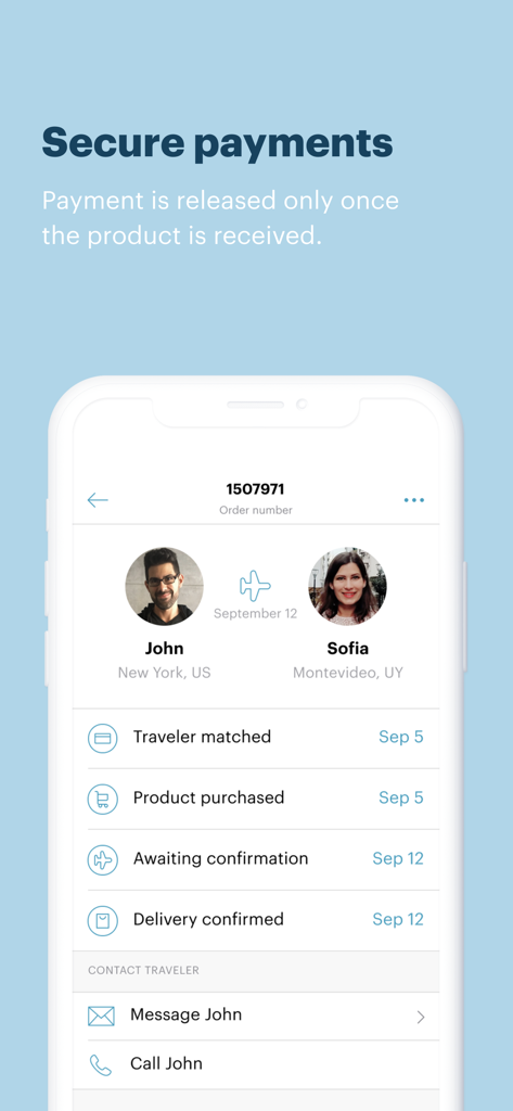 Grabr - Global Shopping - Interface of Grabr app displaying secure payment release and order delivery status between a traveler and a shopper