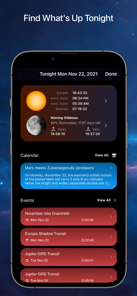 SkySafari 7 Plus Tonight view showing moon phases and celestial events planner