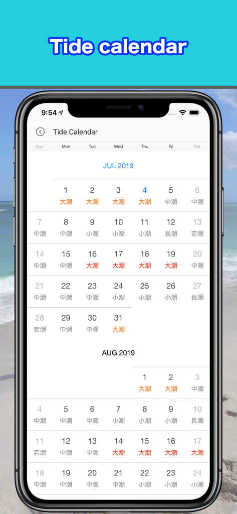 Tide and Weather - SurfTideΔ - A monthly tide calendar view in the SurfTide app showing tidal conditions for Japanese locations.