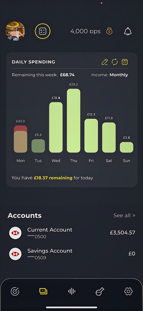 Pouch - A mobile app dashboard showing a weekly spending bar chart and bank account balances.