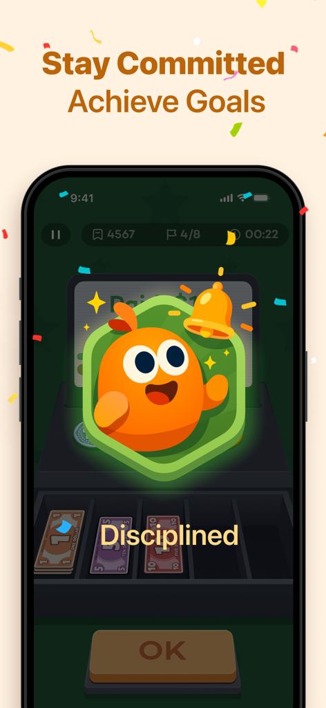 BrainBloom - BrainBloom app achievement screen displaying a Disciplined badge with an orange character and goal message