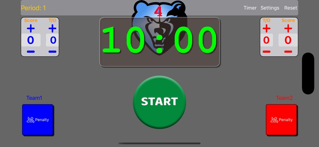 LAX Keeper app scoreboard interface showing game timer, scores, and penalty buttons for two teams