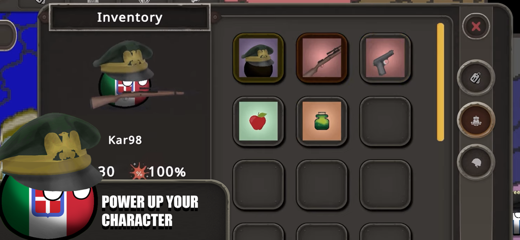 Countryball: World 1930 - Character inventory screen in Countryball World 1930 showing an Italian character equipped with a rifle and various usable items