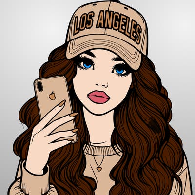 realistic beautiful girl wearing los ángeles cap holding an iphone