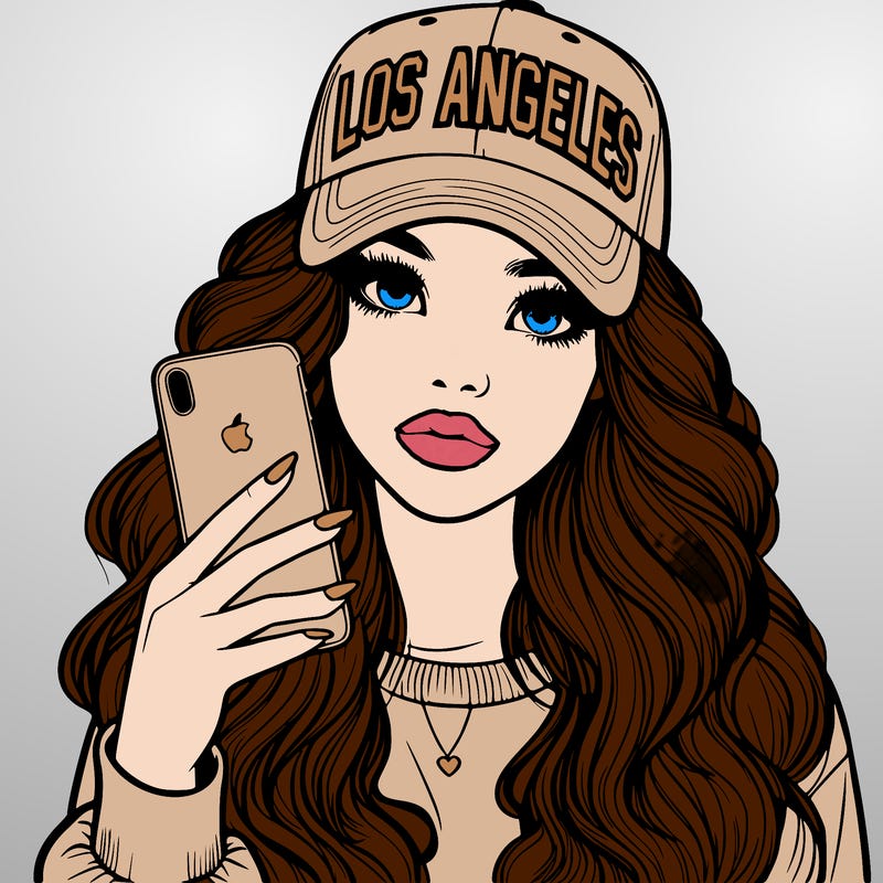 realistic beautiful girl wearing los ángeles cap holding an iphone