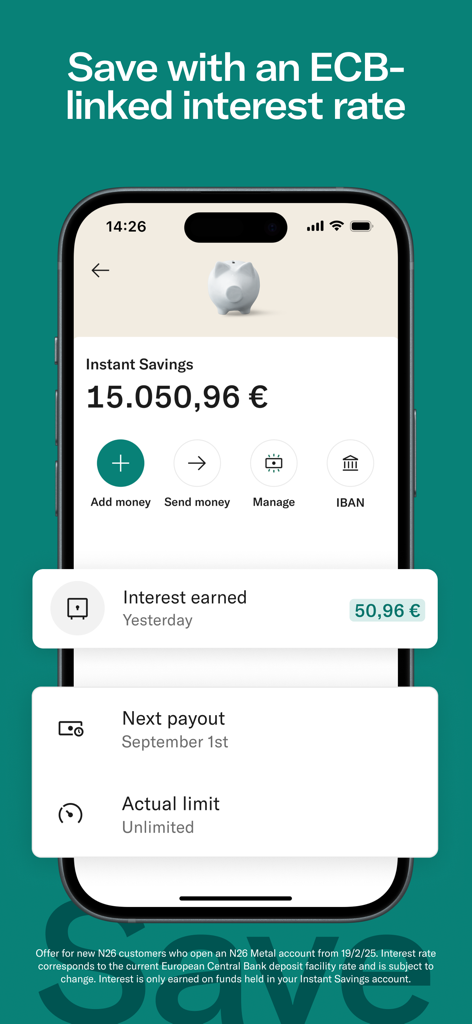 N26 mobile app screen showing instant savings balance and interest earned details.