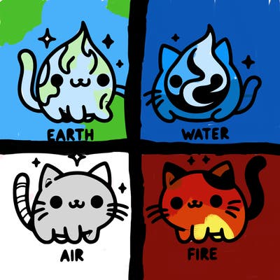4 cats that represent the different elements, earth, water, air, and fire