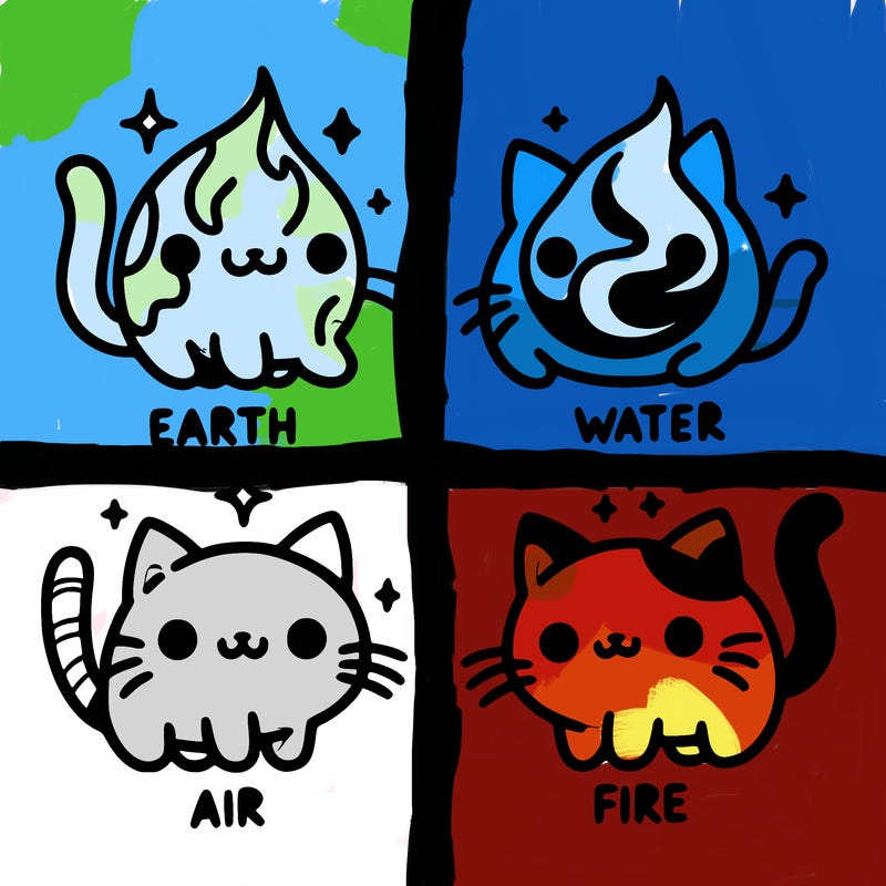 4 cats that represent the different elements, earth, water, air, and fire